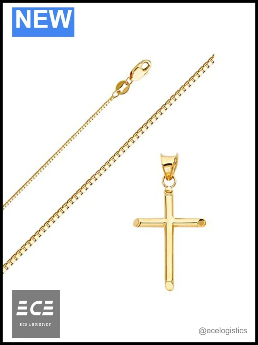 14K Yellow Gold Box Chain Cross Pendant Necklace 16in Religious Charm